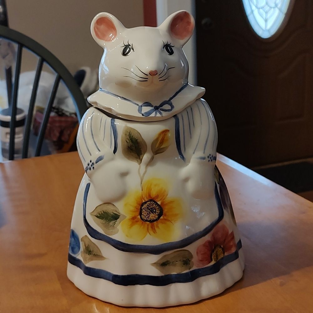 Vintage Laurie Gates Los Angeles Pottery Lady Mouse floral apron Cookie Jar  EUC